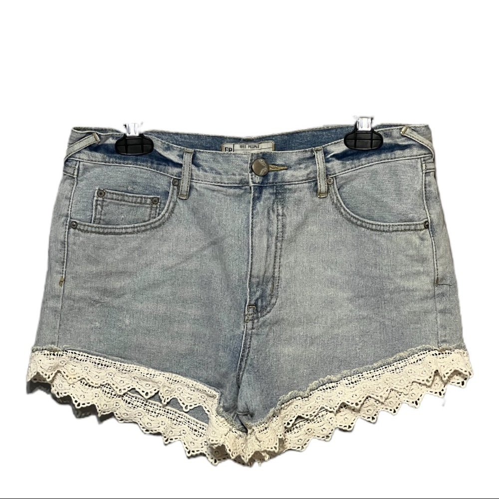 Free People High-Waist Lace Trim Denim Shorts Light Blue Wash Size 28